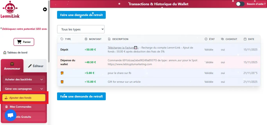 comment acheter des backlinks sur lemmilink.fr étape 1