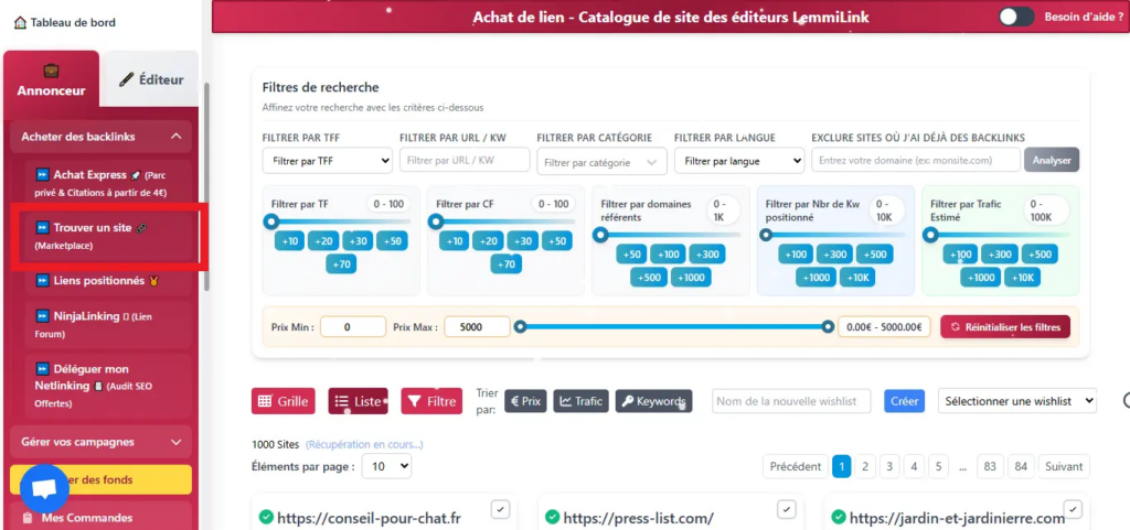 comment acheter des backlinks sur lemmilink.fr étape 2